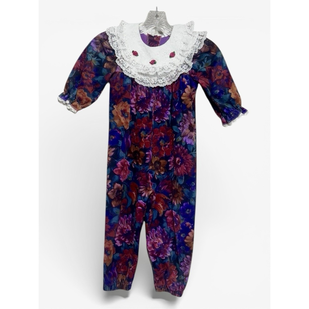 Vintage Velvet Floral Romper Size 4T | White Lace Collar Rose Jumpsuit